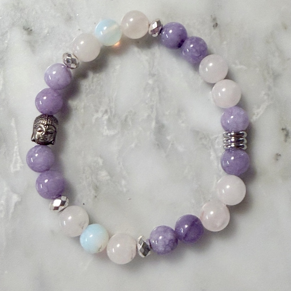 Handmade Amethyst, Rose Quartz & Opalite Buddha Bracelet – Calm, Love,Intuition